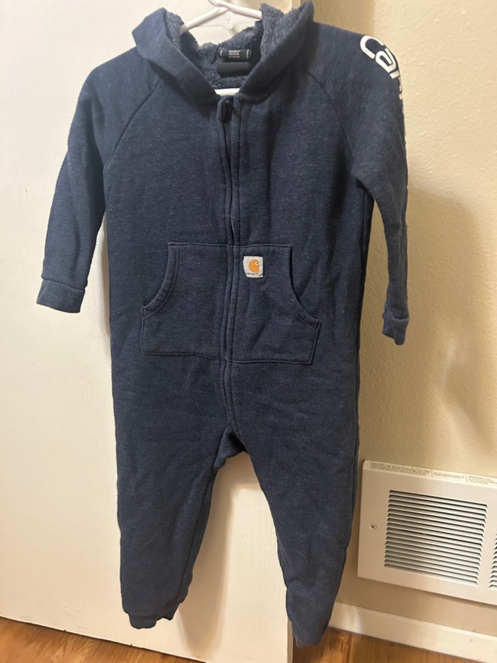 18 M Carhartt Navy Hooded Kids Footie Romper with Front Pocket